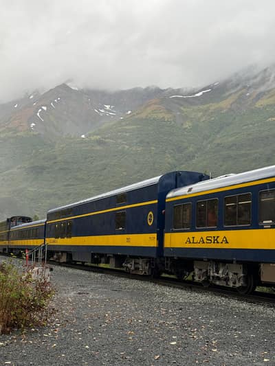 A blue and yellow Alaska Railroad passenger train travels through a misty mountain valley with snow-capped peaks visible in the cloudy background.